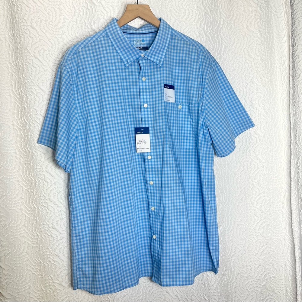 Croft & Barrow NWT Blue White Gingham Plaid Performance Button Down Shirt XXL